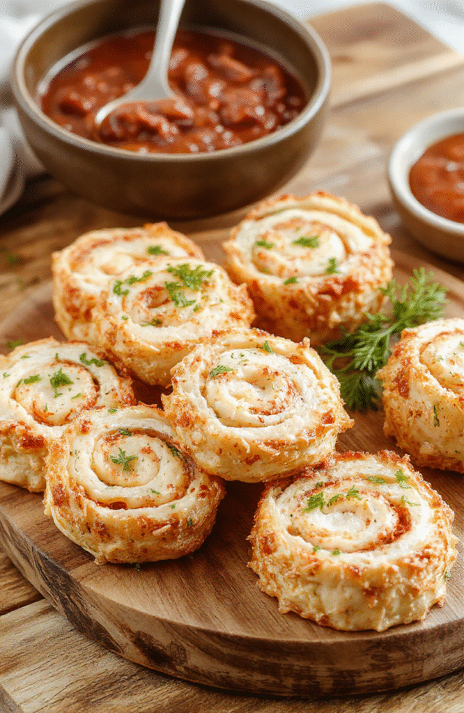 A plate of golden-brown crack chicken pinwheels sliced to reveal creamy chicken filling, garnished with chopped herbs, arranged on a rustic wooden platter, with a blurred background featuring fresh ingredients and soft natural light.