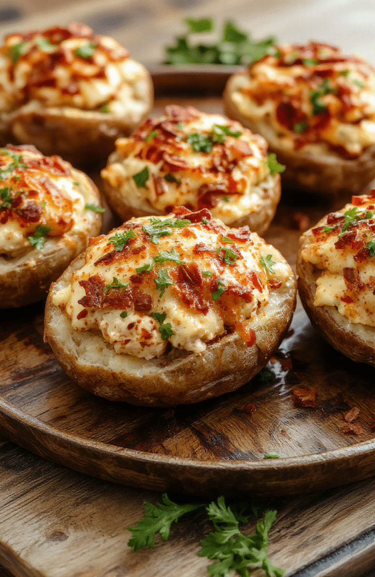 A close-up of perfectly baked large potatoes sliced open and stuffed with creamy crack chicken mixture, topped with melted cheese, chopped green onions, and crispy bacon bits. The vibrant colors of the toppings contrast with the golden-brown potatoes, styled on a rustic wooden plate with a soft-focus background that emphasizes the creamy textures and inviting presentation.