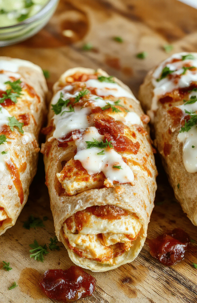 A colorful plate featuring crispy chicken bacon ranch wraps cut in half to reveal the juicy chicken, crispy bacon, fresh lettuce, and creamy ranch sauce inside. The wraps are golden brown with a crunchy texture, garnished with chopped herbs on a rustic wooden surface with vibrant natural lighting highlighting the textures and ingredients.