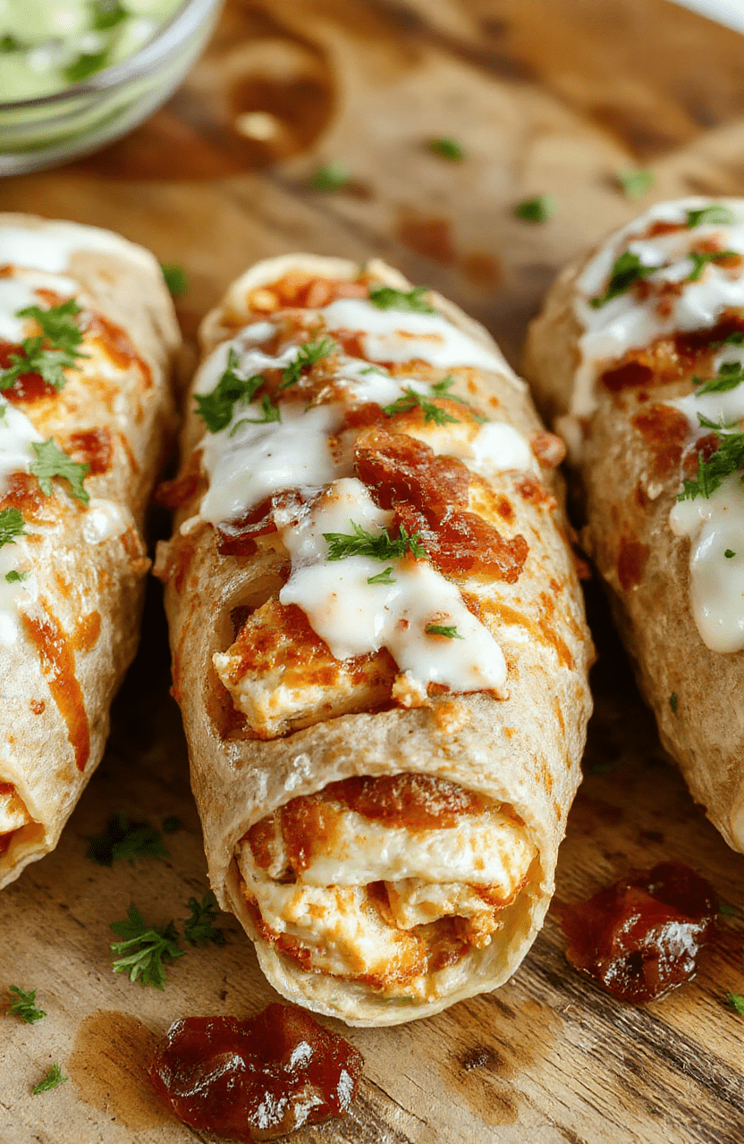 A colorful plate featuring crispy chicken bacon ranch wraps cut in half to reveal the juicy chicken, crispy bacon, fresh lettuce, and creamy ranch sauce inside. The wraps are golden brown with a crunchy texture, garnished with chopped herbs on a rustic wooden surface with vibrant natural lighting highlighting the textures and ingredients.