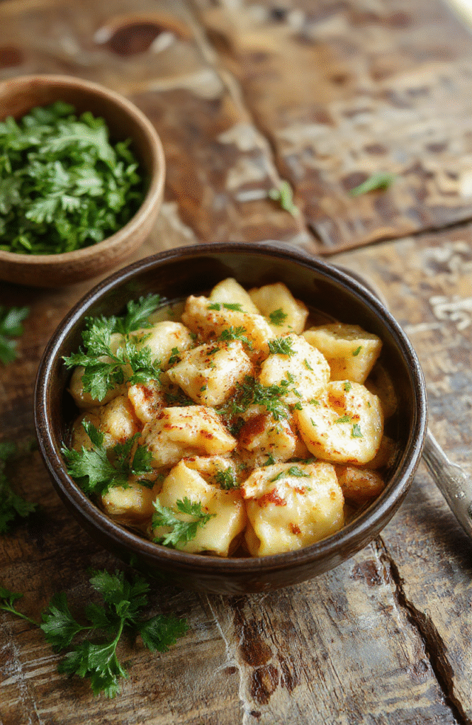 A colorful bowl filled with creamy chicken tortellini, garnished with fresh herbs, placed on a rustic wooden table. The dish showcases tender tortellini with a rich, cheesy sauce and chunks of cooked chicken, complemented by vibrant green spinach leaves and a sprinkle of Parmesan cheese. The scene is styled casually with natural light highlighting the textures and inviting appeal of this comforting dinner.