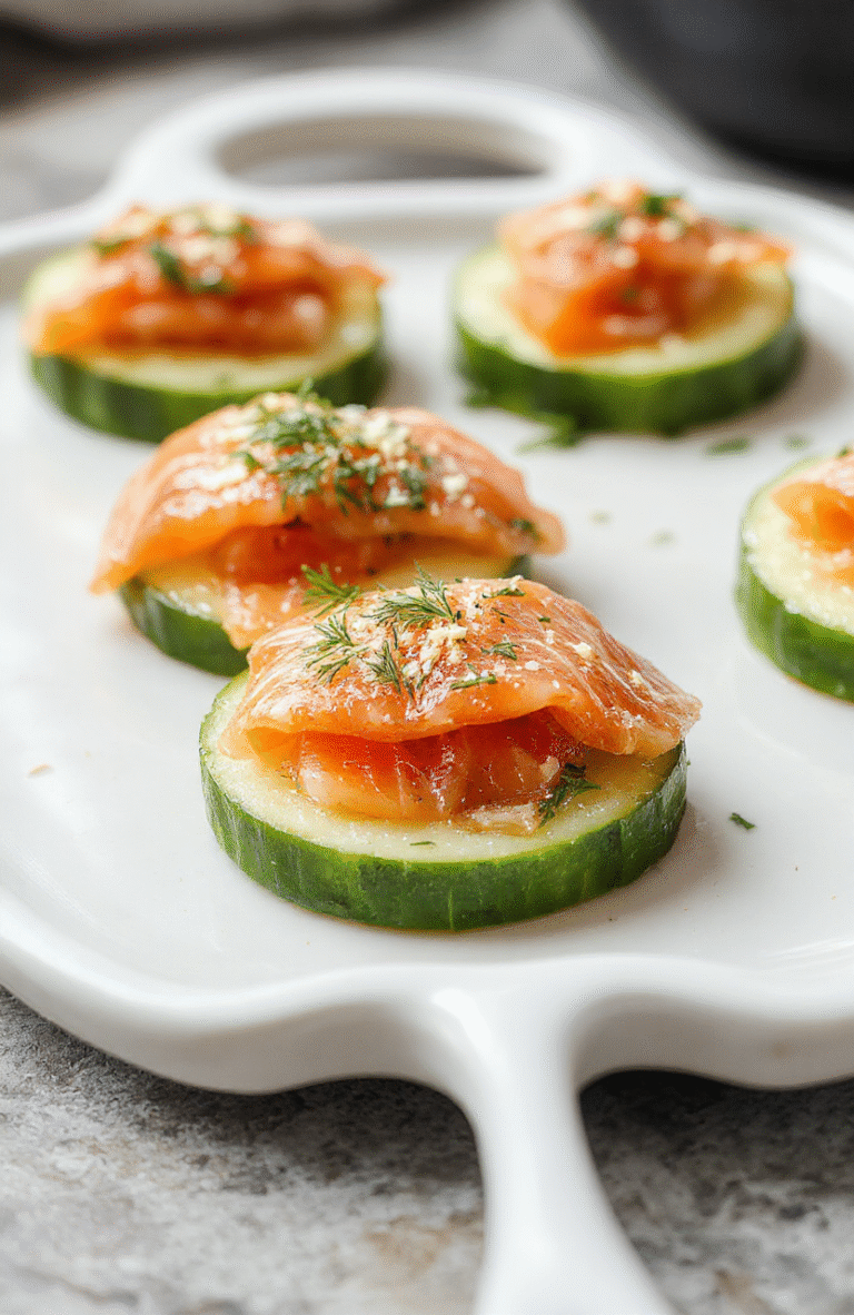 A close-up of elegant cucumber slices topped with smoked salmon and fresh dill, garnished with lemon zest, presented on a white ceramic platter with a blurred background, vibrant colors, and a glossy, fresh appearance.