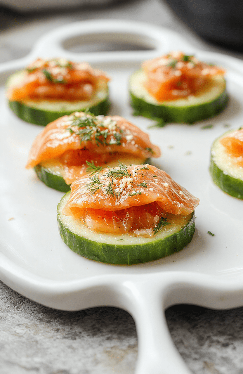 A close-up of elegant cucumber slices topped with smoked salmon and fresh dill, garnished with lemon zest, presented on a white ceramic platter with a blurred background, vibrant colors, and a glossy, fresh appearance.