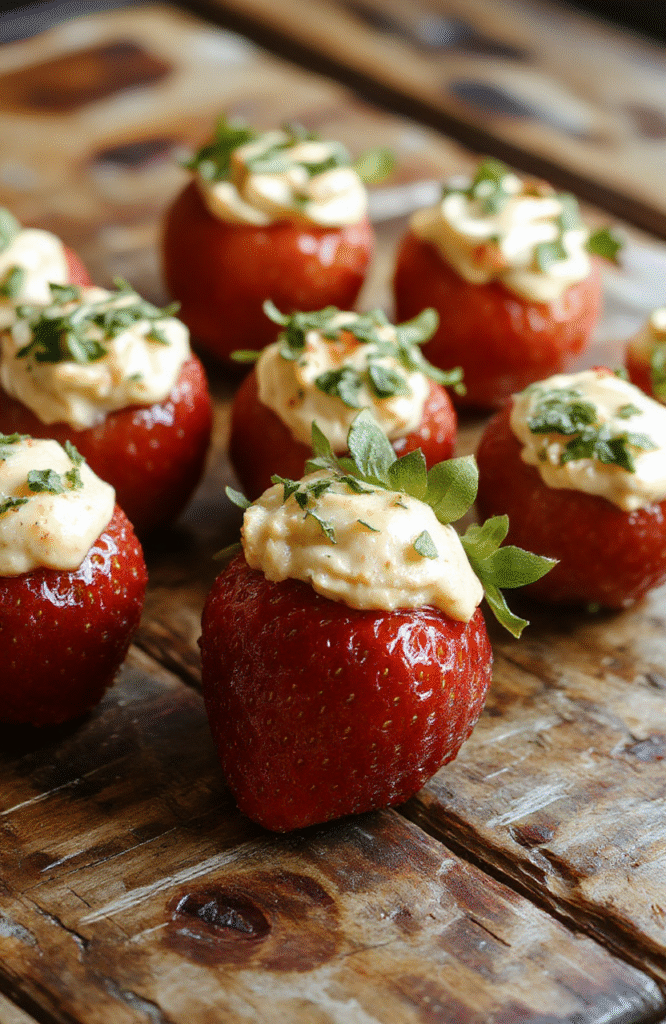 Colorful deviled strawberries arranged on a white plate with vibrant red strawberries, creamy filling topped with sprinkles, styled on a rustic wooden surface, light background, fresh berries and decorative elements add to the festive presentation.