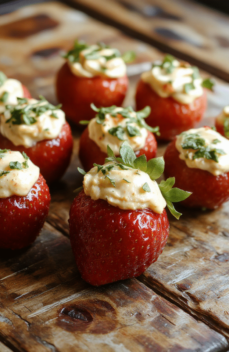 Colorful deviled strawberries arranged on a white plate with vibrant red strawberries, creamy filling topped with sprinkles, styled on a rustic wooden surface, light background, fresh berries and decorative elements add to the festive presentation.