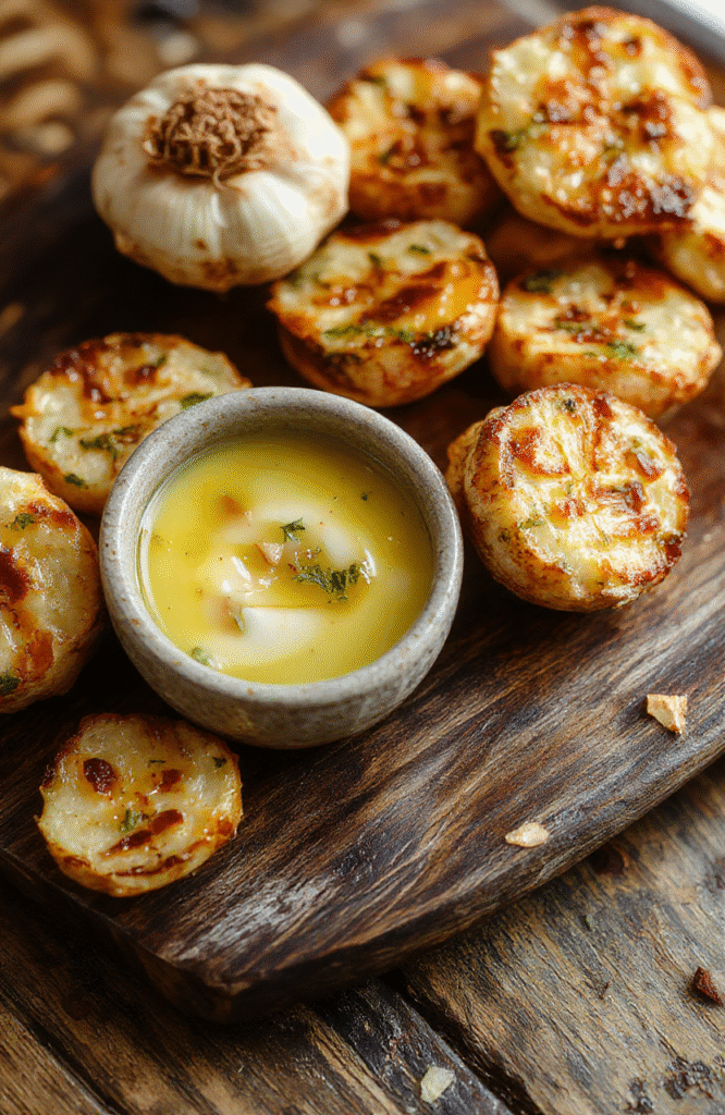 A glass bowl filled with vibrant golden garlic olive oil dip, garnished with fresh herbs and a sprinkling of chili flakes, placed on a rustic wooden table with a crusty baguette sliced beside it, with a soft-focus background.