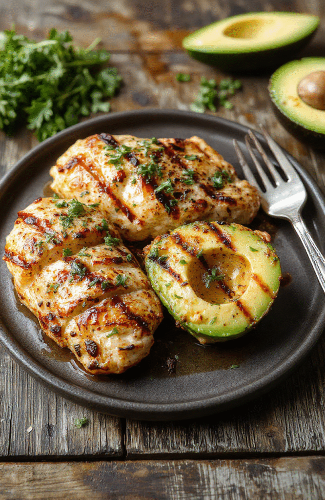 A vibrant plate featuring sliced grilled chicken topped with creamy avocado slices, colorful cherry tomatoes, and fresh herbs on a rustic wooden table, with a light drizzle of olive oil showcasing textures from the juicy avocado and tender chicken, styled with a clean background and natural sunlight highlighting the dish's freshness.