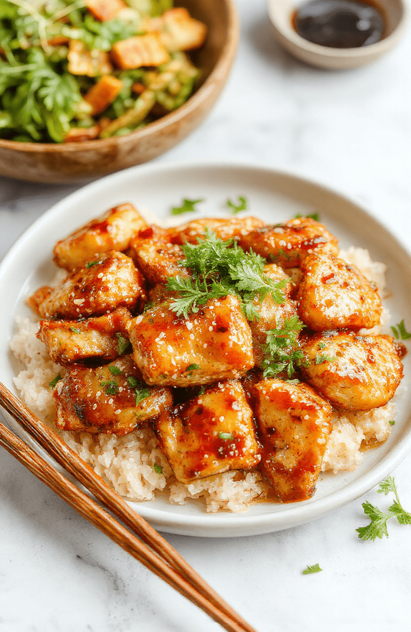 Vibrant sesame chicken glazed in a glossy sauce, served on a rustic white plate garnished with sesame seeds and chopped green onions, with bright colorful vegetables around, styled simply to highlight the crispy chicken texture and shiny sauce, set on a wooden table with natural daylight for a fresh, appetizing look.