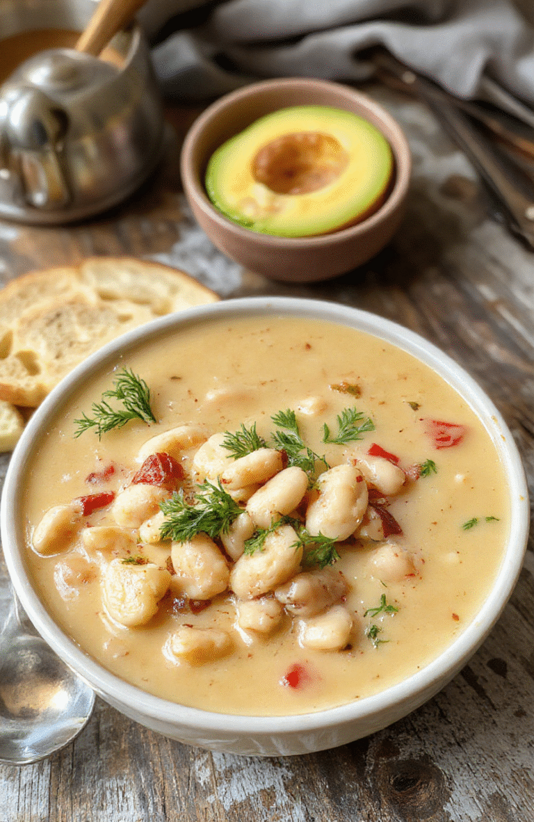 A vibrant bowl of creamy white bean soup topped with fresh herbs and a drizzle of olive oil, served on a rustic wooden table with a spoon and crusty bread nearby, showcasing the soup's smooth texture and hearty ingredients.