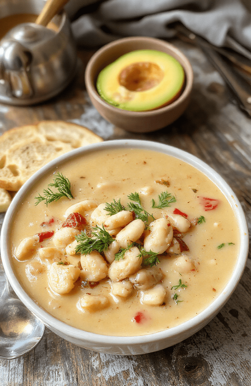 A vibrant bowl of creamy white bean soup topped with fresh herbs and a drizzle of olive oil, served on a rustic wooden table with a spoon and crusty bread nearby, showcasing the soup's smooth texture and hearty ingredients.