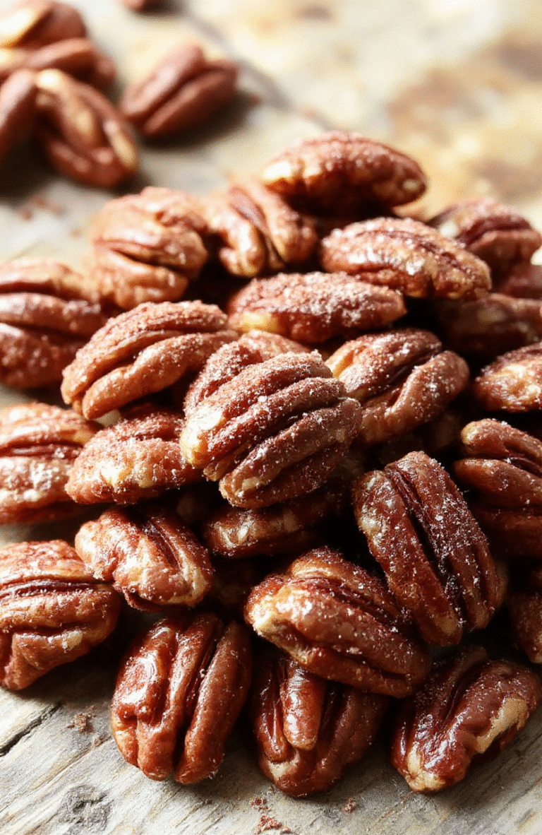 A close-up of golden-brown cinnamon sugar coated pecans arranged on a white plate, with a scattered sprinkle of cinnamon and sugar on the surface, styled with a rustic wooden background and soft natural lighting emphasizing the crispy texture and glistening coating.