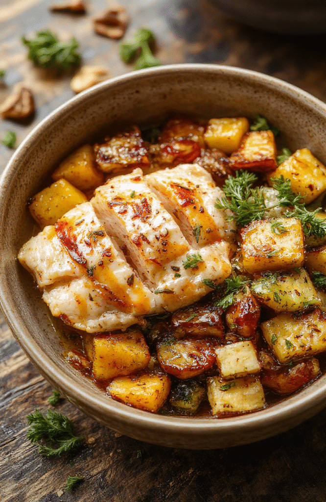 Colorful sheet pan dinner featuring golden roasted sweet potatoes, tender chicken coated in maple Dijon glaze, vibrant seasonal vegetables, arranged on a rustic baking sheet with caramelized edges and fresh herbs sprinkled on top.
