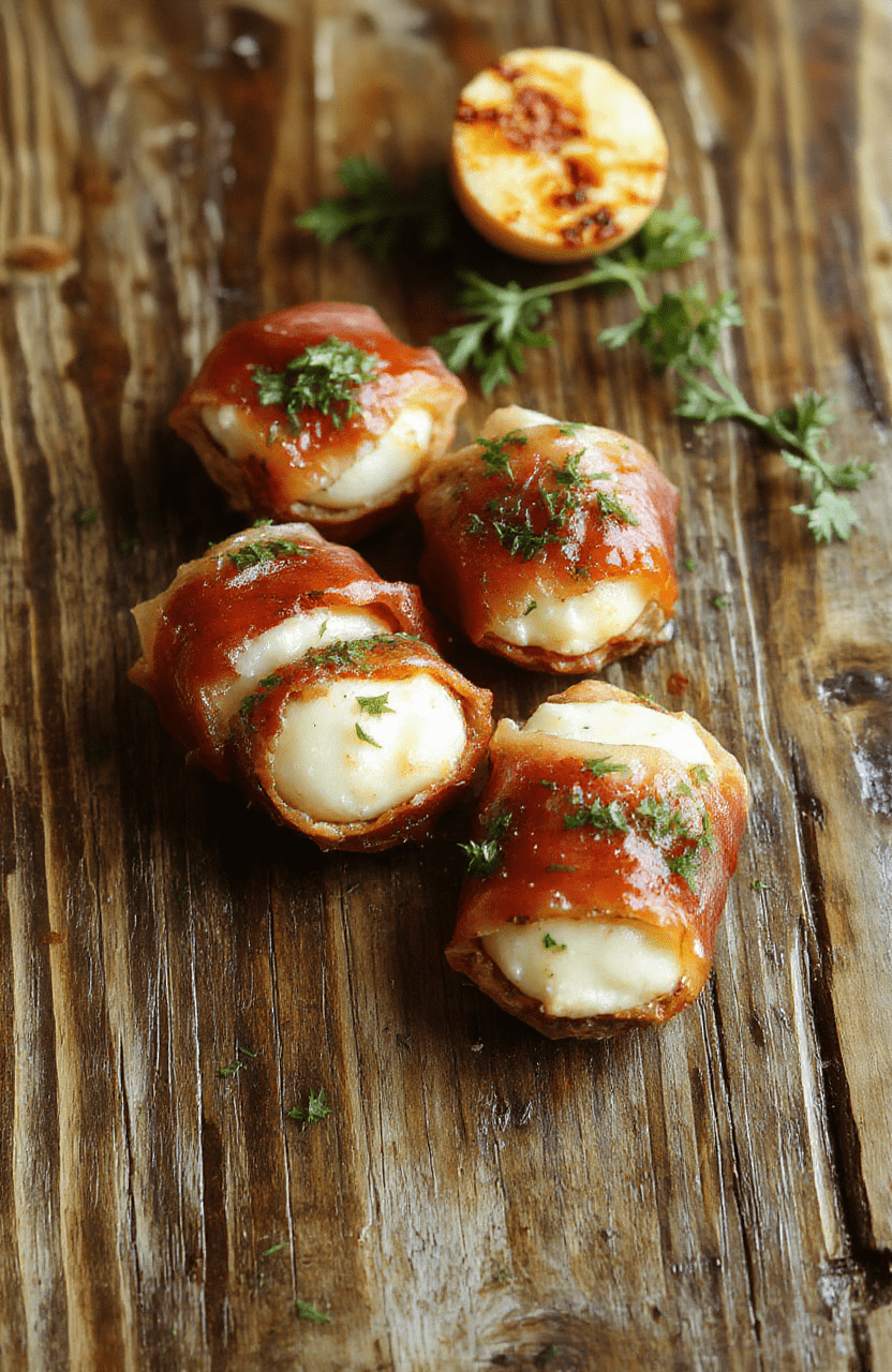 Colorful image of prosciutto-wrapped mozzarella bites arranged on a white plate. The bites showcase shiny, thin prosciutto slices wrapping creamy, white mozzarella. Garnished with fresh basil leaves and served on a rustic wooden table with a blurred background. Textures of crispy prosciutto contrasting with soft cheese, vibrant green herbs, and golden lighting create an inviting and appetizing scene.