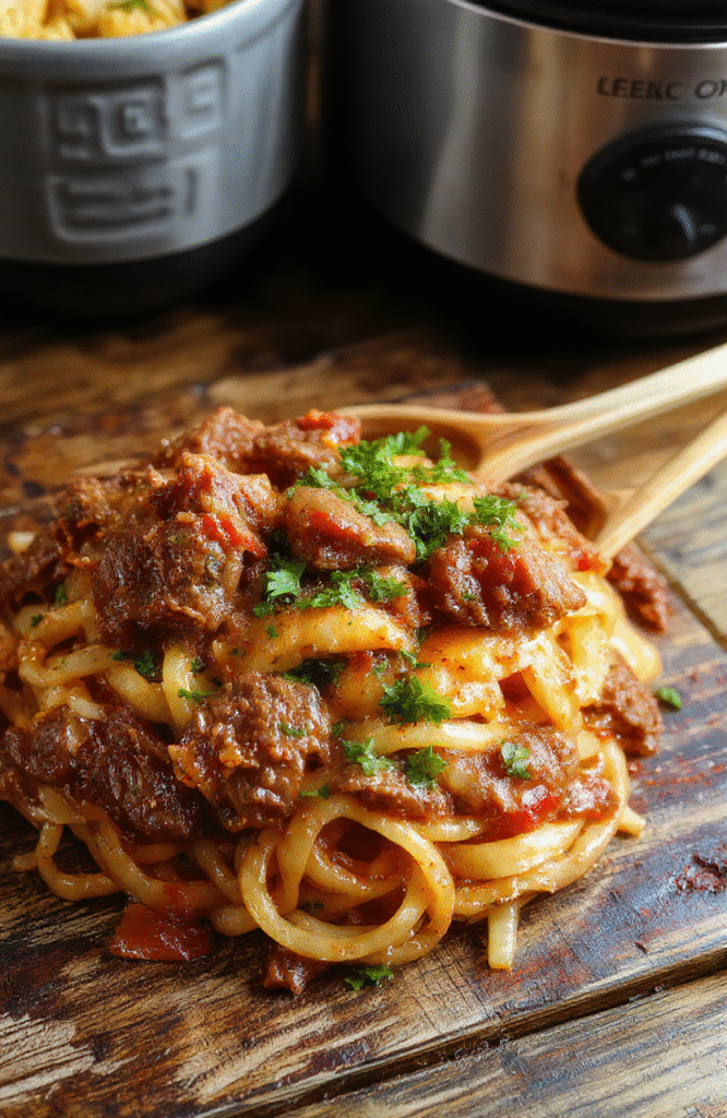 A steaming bowl of hearty beef and noodles with tender beef chunks, saucy broth, and tender pasta, garnished with fresh herbs, served on a rustic ceramic plate with a cozy background.