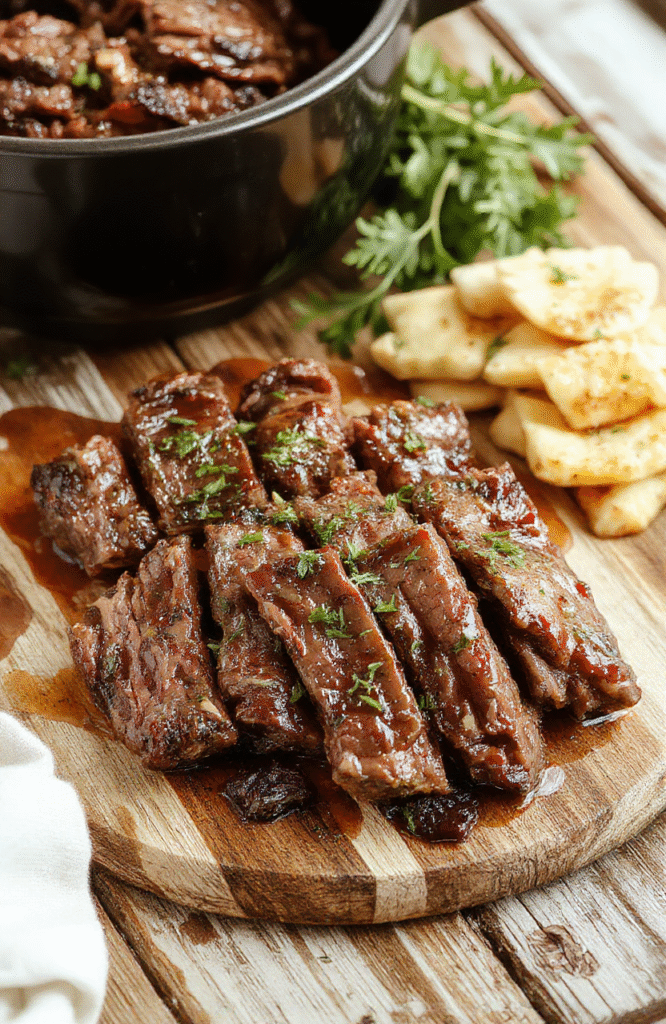 Colorful slices of seasoned beef and vibrant bell peppers arranged neatly on a white plate, with a rich brown sauce glistening under soft natural daylight, styled casually on a rustic wooden table, emphasizing textures and freshness.