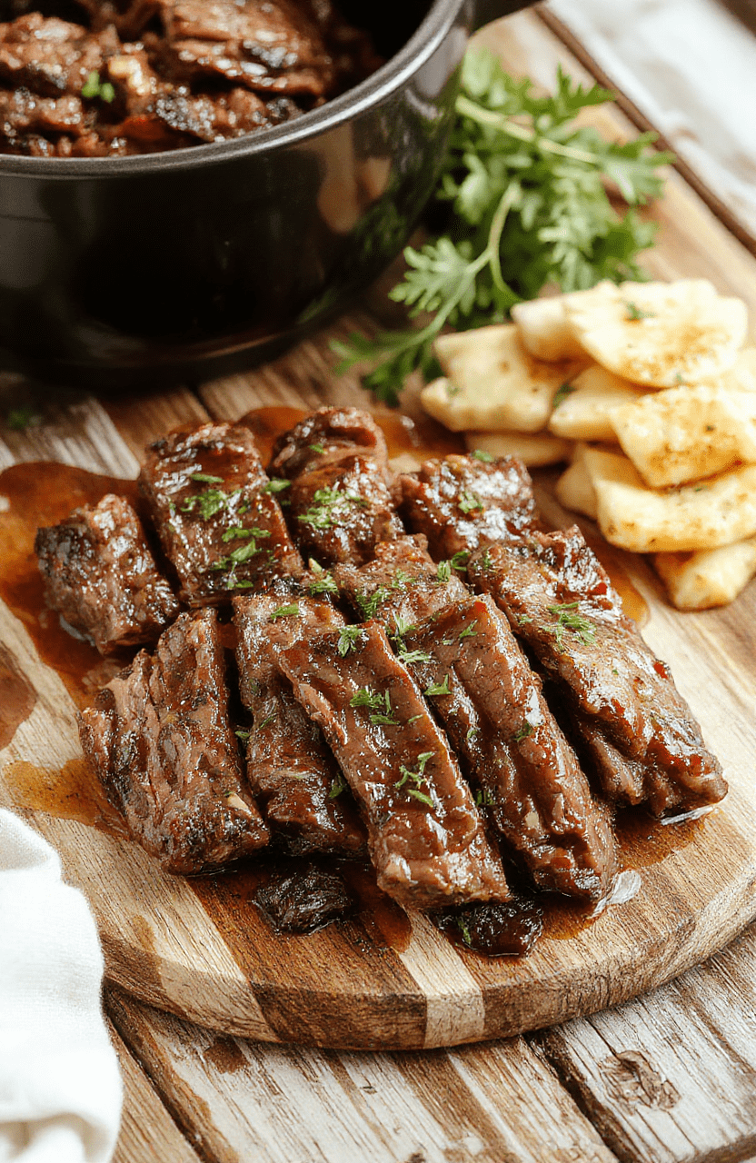 Colorful slices of seasoned beef and vibrant bell peppers arranged neatly on a white plate, with a rich brown sauce glistening under soft natural daylight, styled casually on a rustic wooden table, emphasizing textures and freshness.