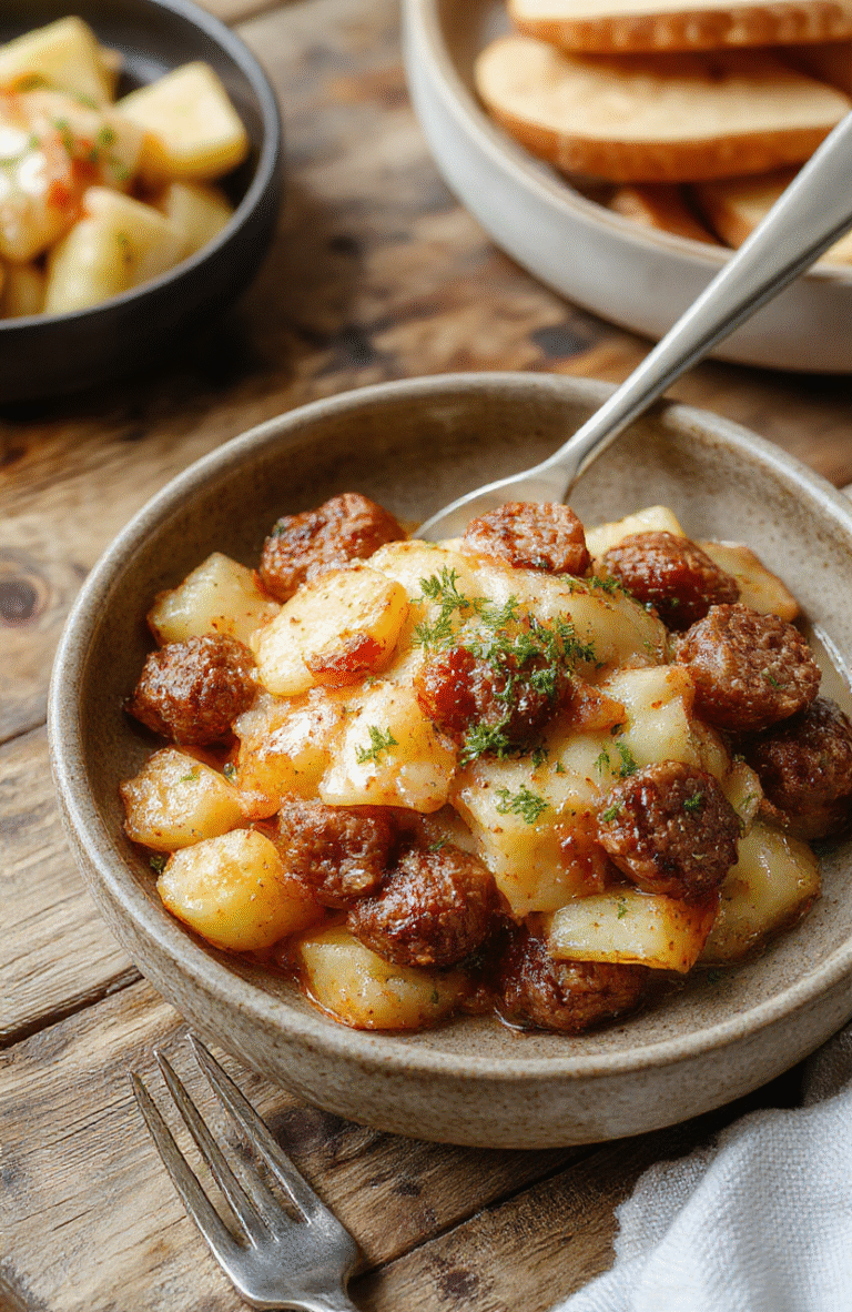 A rustic white ceramic dish filled with golden-brown sausage slices, tender potatoes, and vibrant green herbs on top. The casserole is placed on a wooden table with a backdrop of a cozy kitchen scene, showcasing the hearty and inviting nature of the dish with steam lightly rising, textures of crispy edges and soft potatoes visible, styled simply for a warm, homey vibe.