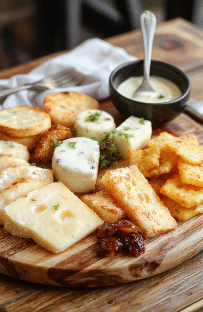 Colorful kid-friendly cheese board featuring an assortment of cheeses, fresh fruits, crackers, and veggies arranged in a fun, vibrant display. Bright yellows, reds, and greens pop against a rustic wooden platter, with a playful and inviting presentation perfect for summer snacking.