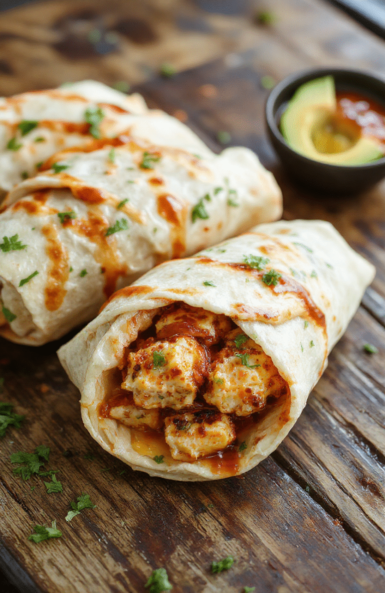 Colorful sweet chili chicken wraps arranged neatly on a white plate, garnished with chopped green onions and sesame seeds, showcasing crispy chicken, vibrant red and orange chili sauce, fresh lettuce, and soft tortilla, styled with natural light highlighting textures and bright colors, casual and appetizing presentation.