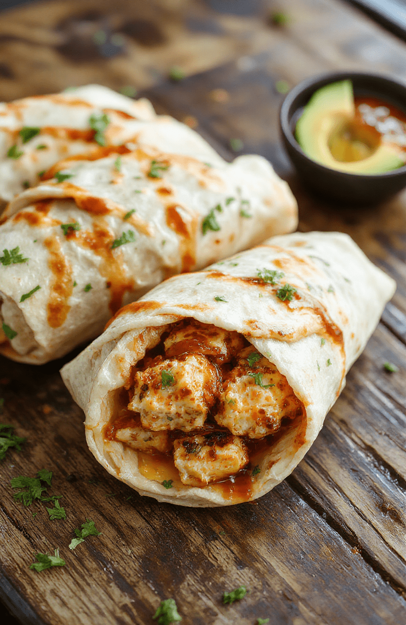 Colorful sweet chili chicken wraps arranged neatly on a white plate, garnished with chopped green onions and sesame seeds, showcasing crispy chicken, vibrant red and orange chili sauce, fresh lettuce, and soft tortilla, styled with natural light highlighting textures and bright colors, casual and appetizing presentation.