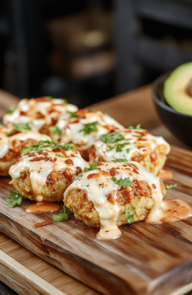 A colorful plate of crispy taco ranch bites topped with shredded cheese, fresh jalapenos, and a drizzle of ranch dressing, arranged on a rustic wooden board with vibrant garnishes, showcasing textures of crunchy bites and creamy toppings, styled for a casual party setting.