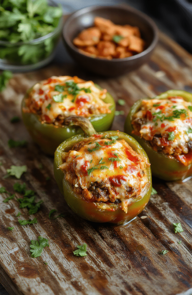 Colorful stuffed peppers filled with seasoned ground meat, melted cheese, and fresh toppings, arranged neatly on a rustic wooden plate with a vibrant background.