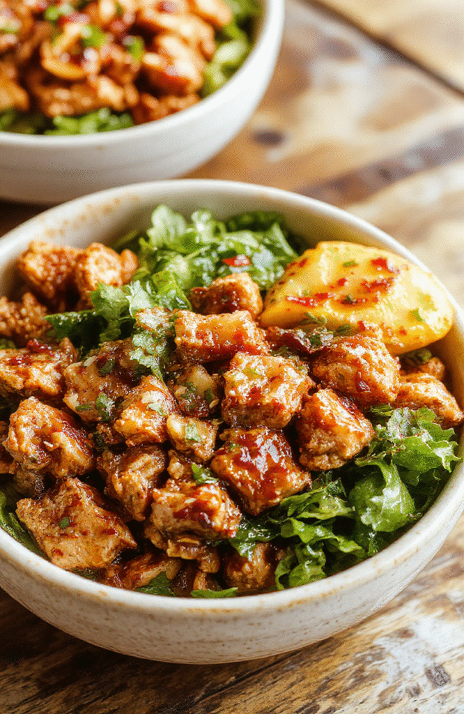 Colorful teriyaki ground turkey bowls featuring tender ground turkey coated in glossy teriyaki sauce, served over fluffy rice with vibrant steamed broccoli, sliced carrots, and sesame seeds on top, arranged in a modern white bowl with chopsticks beside it, styled for an inviting and wholesome meal presentation.