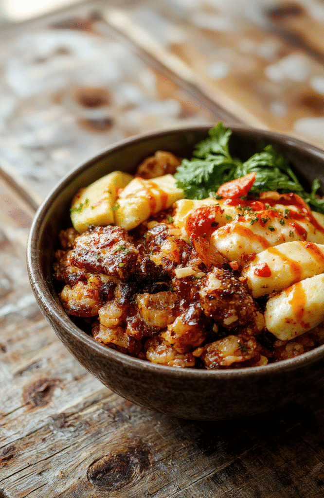Colorful taco rice bowl on a rustic wooden table featuring vibrant ground beef, fresh toppings like diced tomatoes, shredded cheese, crisp lettuce, and creamy avocado slices, all arranged neatly with a drizzle of sauce. The textures include crispy chips, juicy meat, and fresh vegetables, styled with a casual, appetizing presentation with a warm background.