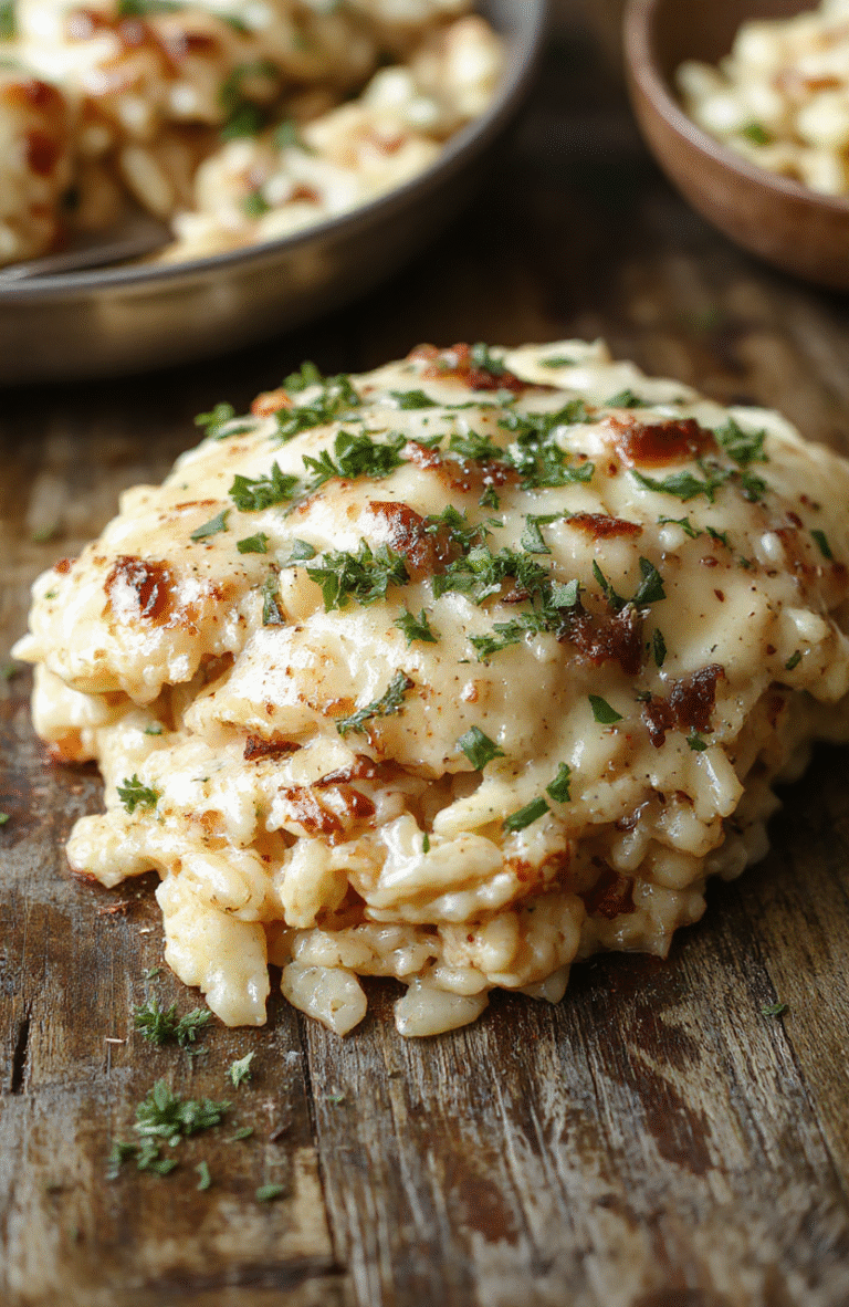 A cozy, golden-baked French Onion Chicken Orzo Casserole in a rustic dish. The casserole is topped with melted cheese and caramelized onions, garnished with fresh herbs. The dish is styled on a warm wooden table with a side of crusty bread and a sprig of thyme, showcasing its rich textures and comforting appeal.