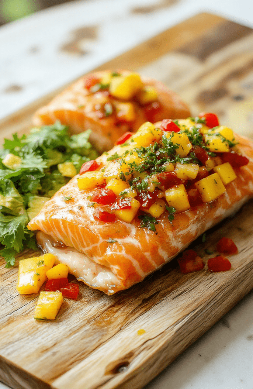 A vibrant plate of grilled salmon topped with a colorful fresh mango salsa, featuring diced mango, red onion, cilantro, and lime on a white ceramic plate, garnished with lime wedges, set against a rustic wooden background with natural lighting emphasizing the bright colors and fresh textures.