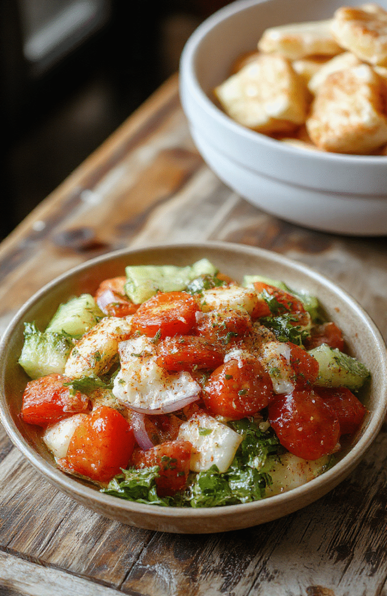 A vibrant Mediterranean salad featuring diced cucumbers, ripe tomatoes, thinly sliced onions, garnished with herbs and drizzled with olive oil, served in a white ceramic bowl on a rustic wooden table.