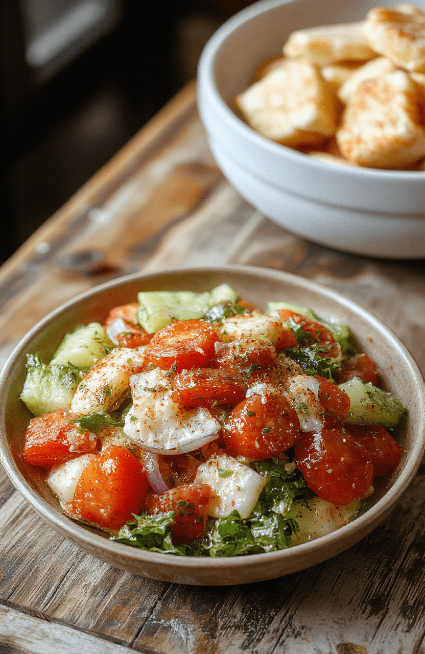 A vibrant Mediterranean salad featuring diced cucumbers, ripe tomatoes, thinly sliced onions, garnished with herbs and drizzled with olive oil, served in a white ceramic bowl on a rustic wooden table.