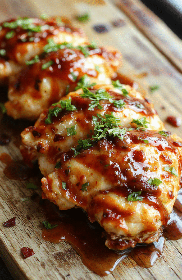 Colorful glazed teriyaki chicken pieces with sesame seeds and green onions on a white plate, vibrant sauce glistening, styled on a wooden cutting board with fresh ingredients around