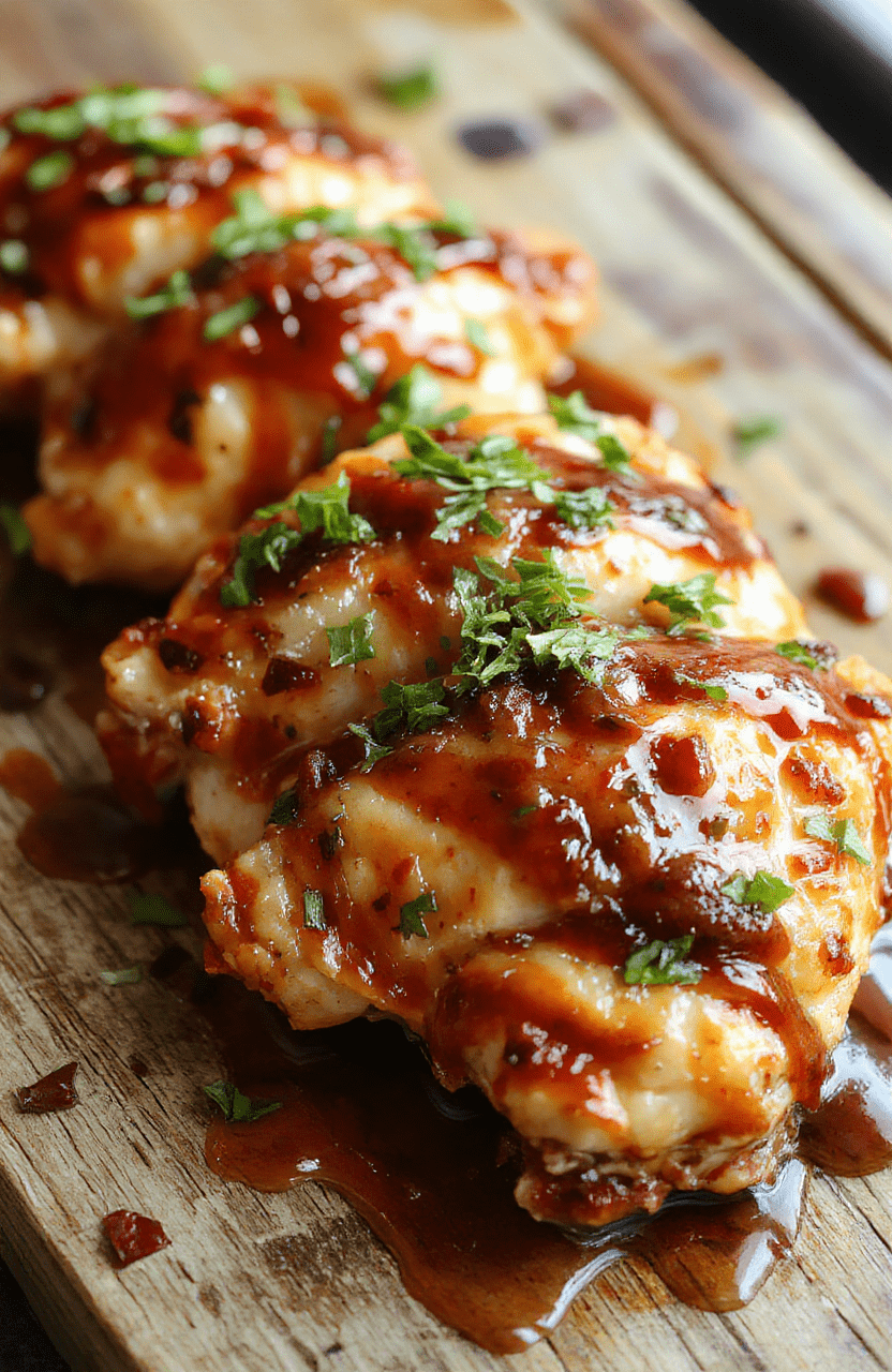 Colorful glazed teriyaki chicken pieces with sesame seeds and green onions on a white plate, vibrant sauce glistening, styled on a wooden cutting board with fresh ingredients around