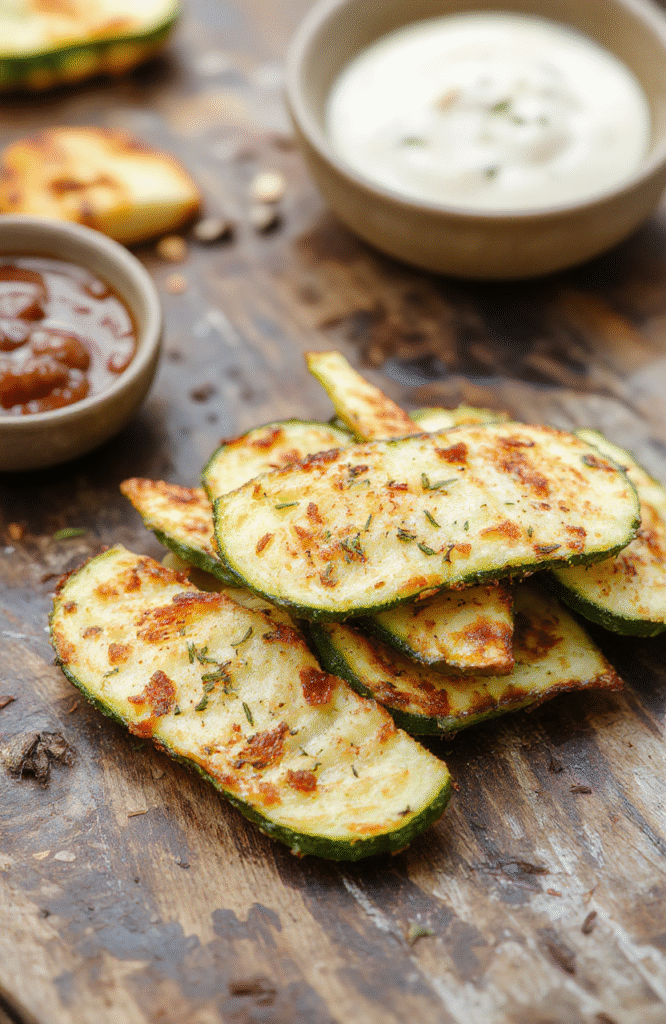 Colorful plate of crispy, golden zucchini fries arranged neatly on a white ceramic dish. The fries have a light, crunchy texture with a hint of green from the zucchini and a slight sheen from the air frying process. The background features a rustic wooden table with fresh zucchini and a dipping bowl of spicy yogurt sauce. Natural sunlight highlights the crispy edges and vibrant green interior, styled casually for a homely feel.