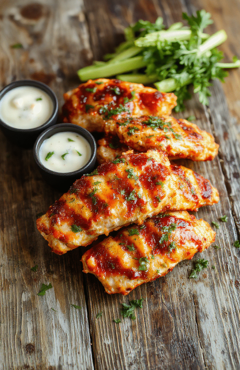 Colorful plated buffalo ranch chicken strips featuring crispy golden chicken tenders coated in spicy buffalo sauce and topped with fresh herbs, served alongside creamy ranch dipping sauce on a rustic white plate. The vibrant orange buffalo sauce contrasts with the light golden chicken, while garnished greens add freshness; styled simply on a textured wooden surface with soft natural light highlighting textures.