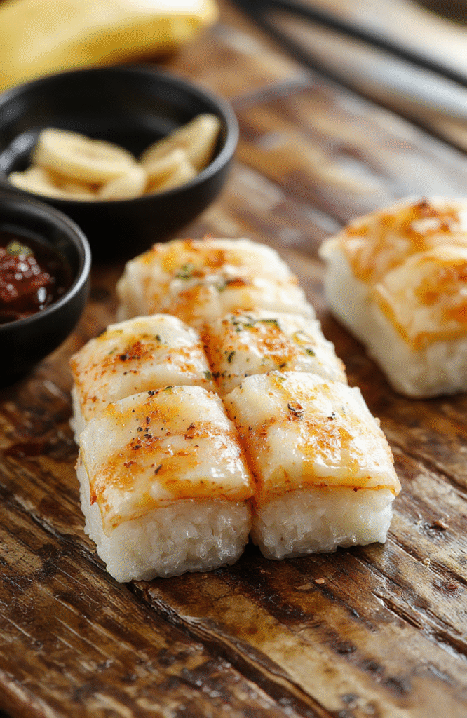 Colorful banana sushi rolls arranged on a white plate, featuring sliced bananas wrapped with colorful fruit strips and sprinkled with sesame seeds, styled on a light wooden surface with a soft focus and natural daylight highlighting the textures.