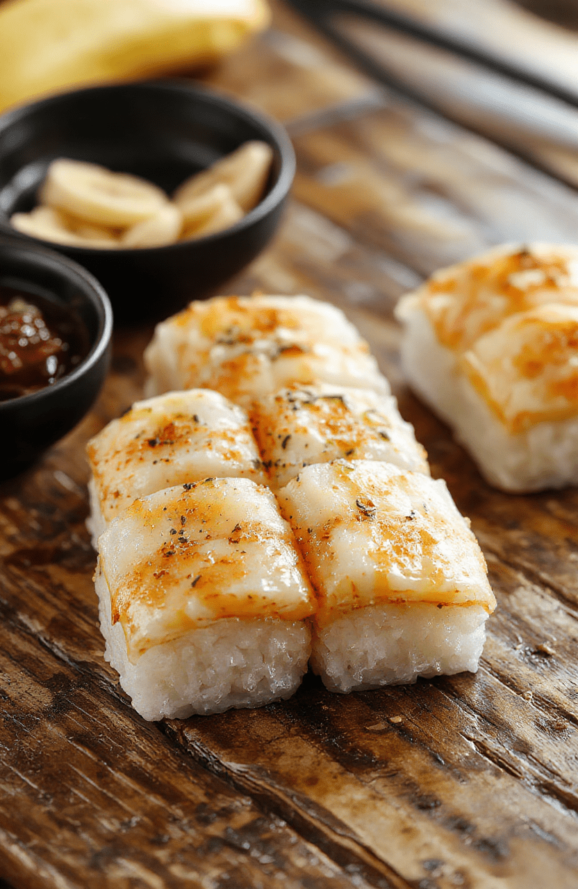 Colorful banana sushi rolls arranged on a white plate, featuring sliced bananas wrapped with colorful fruit strips and sprinkled with sesame seeds, styled on a light wooden surface with a soft focus and natural daylight highlighting the textures.