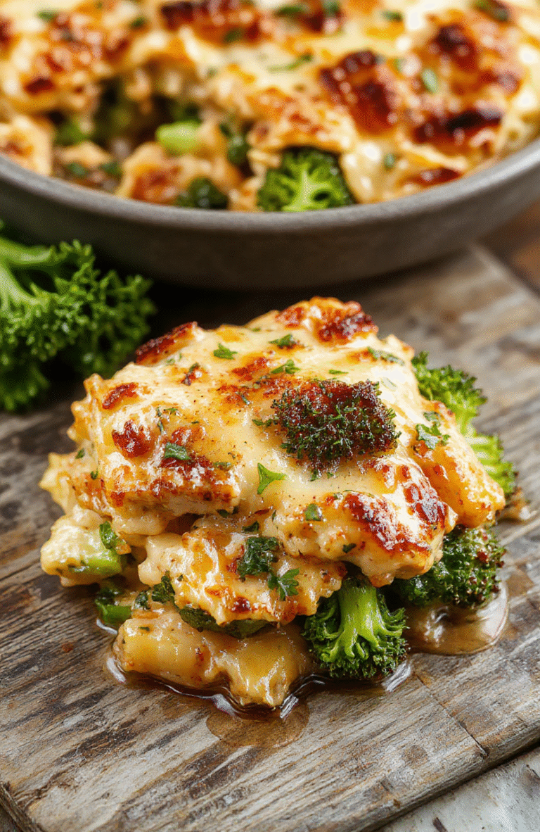 A colorful plate featuring a baked broccoli chicken casserole with golden-brown cheese topping, vibrant green broccoli florets, tender chicken pieces, and a creamy sauce, artistically plated and garnished with fresh herbs, styled on a rustic wooden table with natural light highlighting textures and colors.