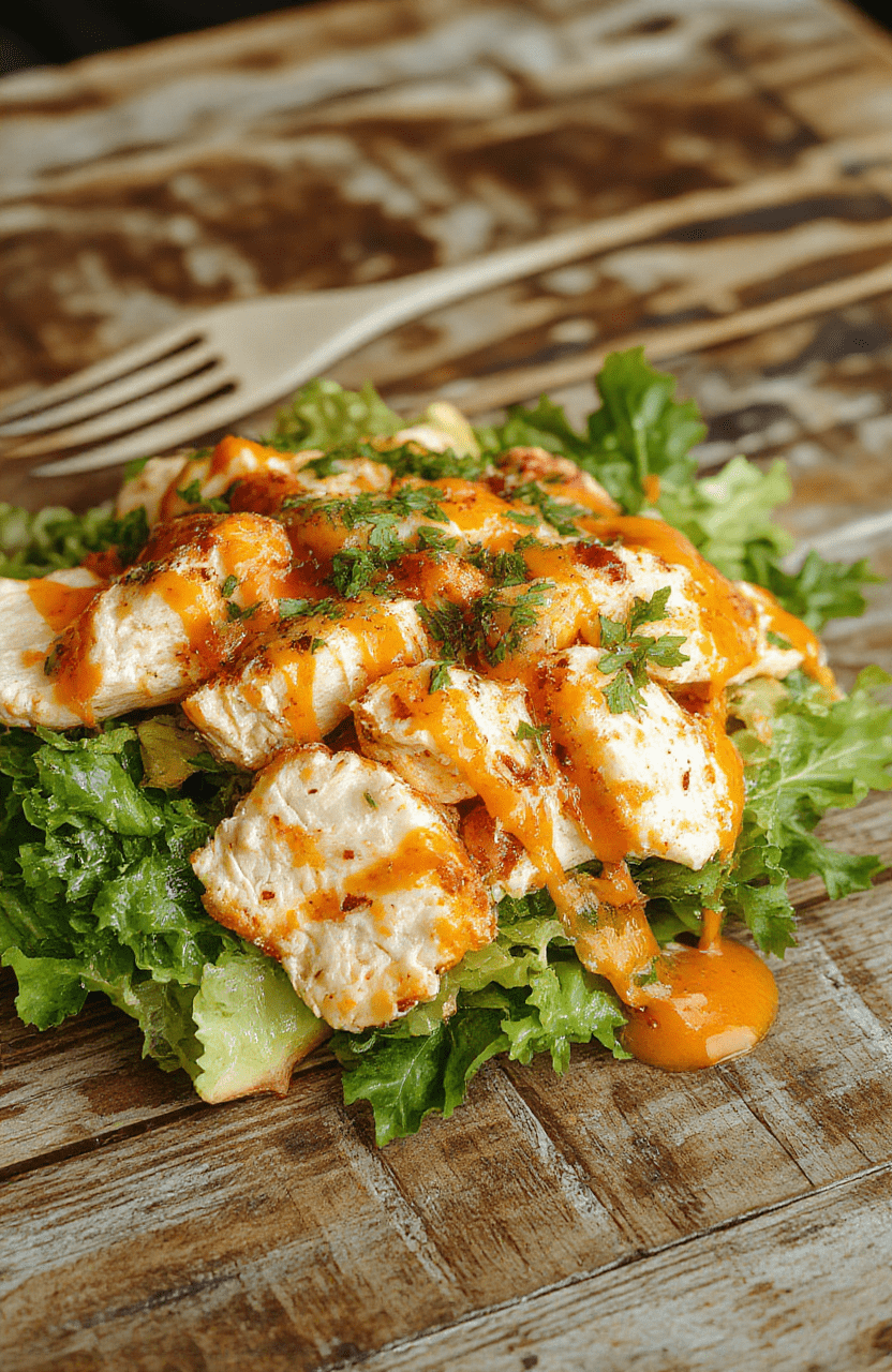 A vibrant bowl of buffalo chicken salad featuring shredded chicken coated in spicy buffalo sauce, topped with crisp celery and crunchy carrots, garnished with fresh parsley, set on a rustic wooden table with a side of leafy greens and a creamy dressing drizzled over it.