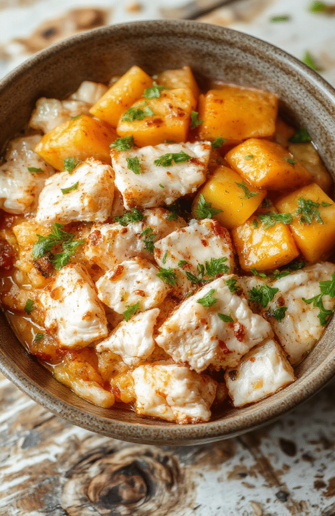 Colorful chicken and sweet potato rice bowl featuring tender grilled chicken slices, roasted sweet potato cubes, fluffy white rice, garnished with fresh herbs and a drizzle of sauce, arranged in a modern white bowl on a wooden surface, vibrant and appetizing textures setting a cozy yet healthy vibe