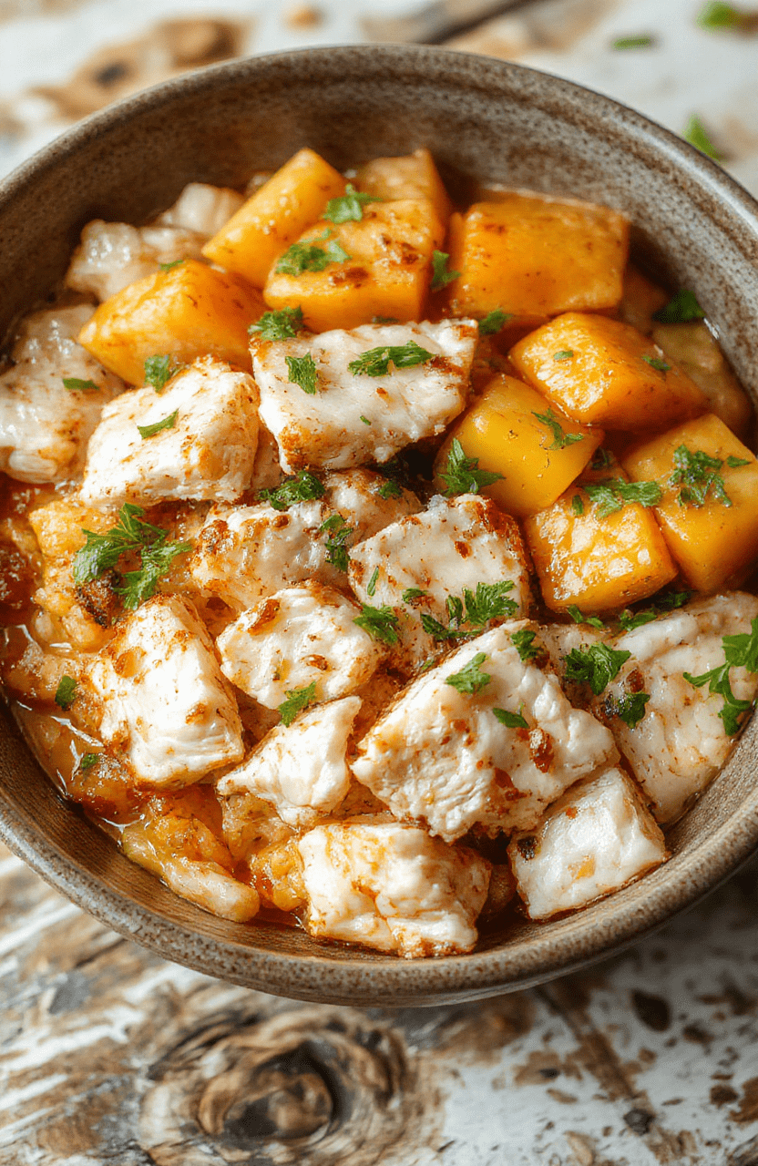 Colorful chicken and sweet potato rice bowl featuring tender grilled chicken slices, roasted sweet potato cubes, fluffy white rice, garnished with fresh herbs and a drizzle of sauce, arranged in a modern white bowl on a wooden surface, vibrant and appetizing textures setting a cozy yet healthy vibe