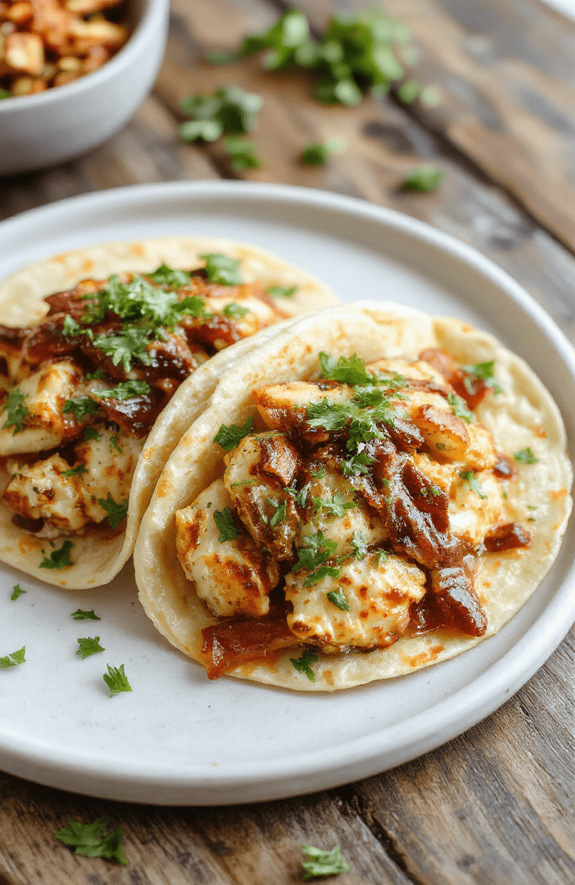 A vibrant plate of shredded crockpot chicken tacos topped with fresh salsa, sliced avocado, and chopped cilantro, served on warm corn tortillas, garnished with lime wedges. Bright colors and textures showcase tender chicken and crisp vegetables, styled on a rustic wooden table with natural sunlight highlighting the fresh ingredients.