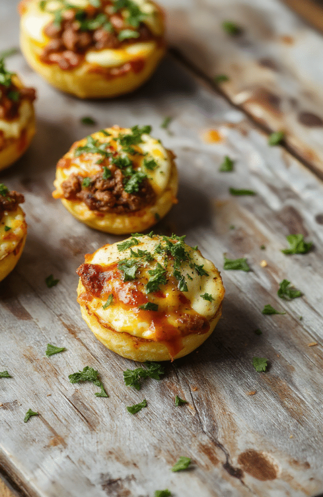 Colorful egg cups filled with melted cheese and cooked beef, arranged neatly on a white plate. The cups have a golden crust with hints of melted cheese and browned beef, garnished with chopped herbs. The background features a rustic wooden table with fresh ingredients scattered around, evoking a warm, inviting breakfast scene.