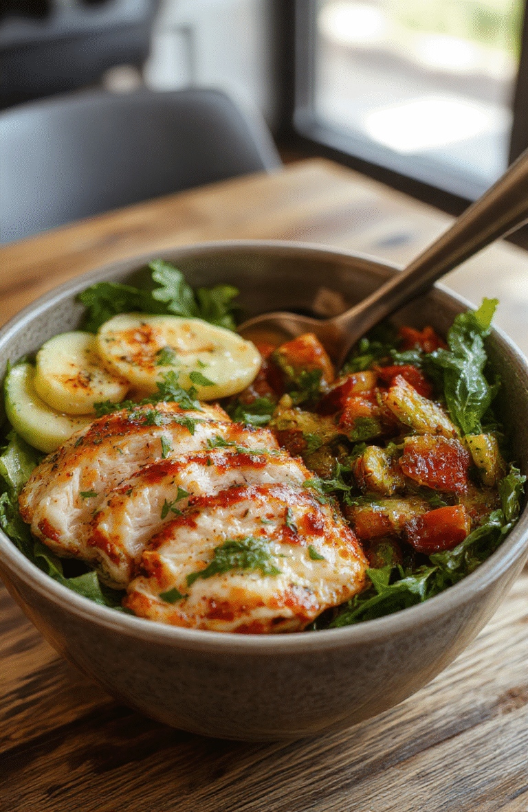 A vibrant Mediterranean chicken bowl featuring colorful cherry tomatoes, chopped cucumbers, olives, and grilled chicken slices arranged beautifully on a white ceramic plate. The ingredients are fresh, with a drizzle of olive oil and herbs, highlighting textures from tender chicken to crunchy vegetables. The dish is styled simply with a sprinkle of feta cheese and fresh parsley, set against a rustic wooden table with natural lighting emphasizing freshness and appetizing appeal.