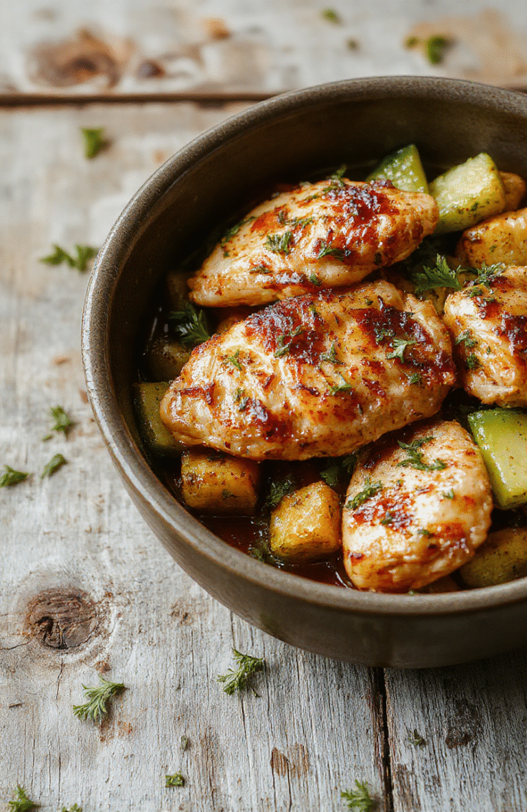 Colorful chicken and vibrant vegetables arranged on a rustic plate, steam rising, glossy sauce, natural lighting highlighting textures, styled simply.