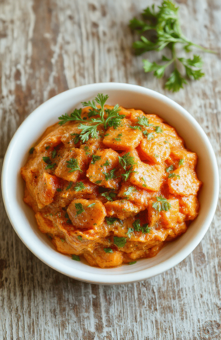 A vibrant plate of smashed carrots with bright orange hues, garnished with fresh herbs, arranged neatly on a white ceramic dish. The carrots appear tender with a slightly mashed texture, topped with a sprinkle of parsley. The background is softly blurred, emphasizing the dish's colorful and appetizing presentation with a rustic wooden table underneath.