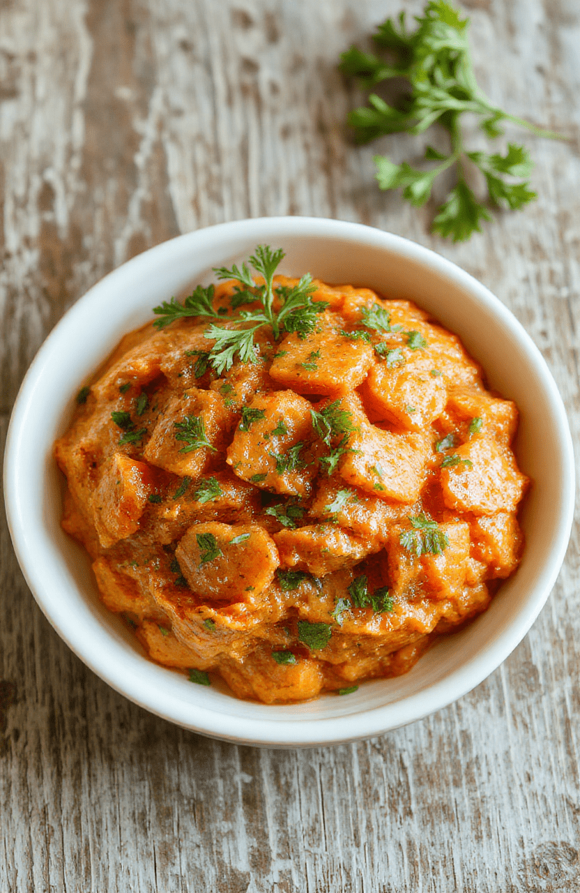 A vibrant plate of smashed carrots with bright orange hues, garnished with fresh herbs, arranged neatly on a white ceramic dish. The carrots appear tender with a slightly mashed texture, topped with a sprinkle of parsley. The background is softly blurred, emphasizing the dish's colorful and appetizing presentation with a rustic wooden table underneath.
