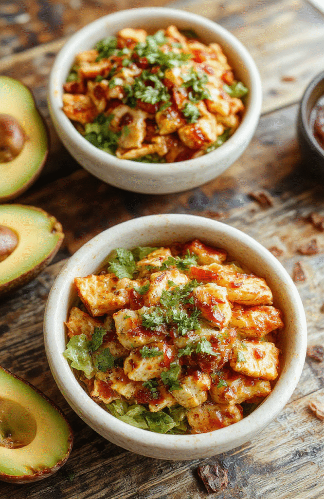 Colorful Southwest Chicken Burrito Bowls arranged on a rustic wooden table, with vibrant ingredients like grilled chicken, diced tomatoes, black beans, corn, and fresh cilantro, topped with creamy avocado slices and a squeeze of lime, served in white bowls with a rustic spoon. The textures are crisp, juicy, and tender, with a lively, appetizing presentation emphasizing freshness and healthfulness.