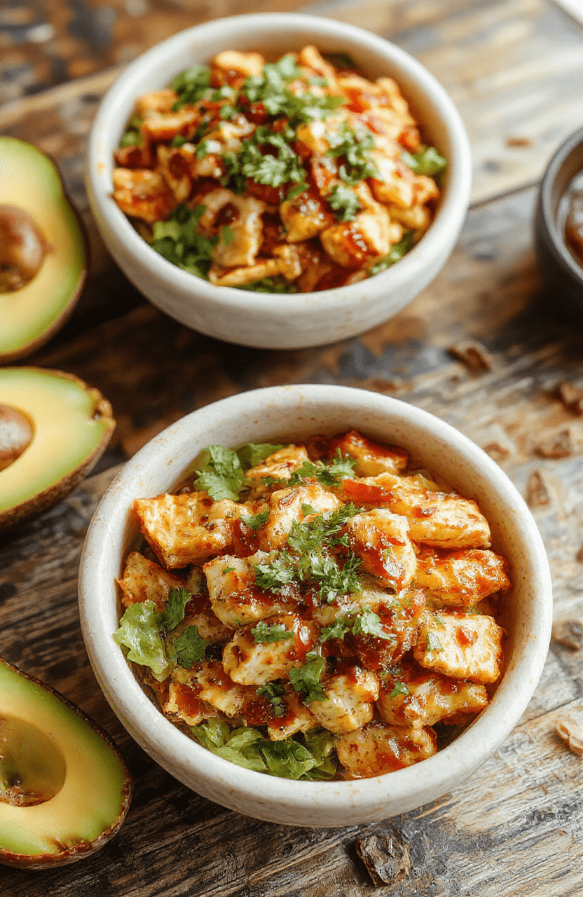 Colorful Southwest Chicken Burrito Bowls arranged on a rustic wooden table, with vibrant ingredients like grilled chicken, diced tomatoes, black beans, corn, and fresh cilantro, topped with creamy avocado slices and a squeeze of lime, served in white bowls with a rustic spoon. The textures are crisp, juicy, and tender, with a lively, appetizing presentation emphasizing freshness and healthfulness.